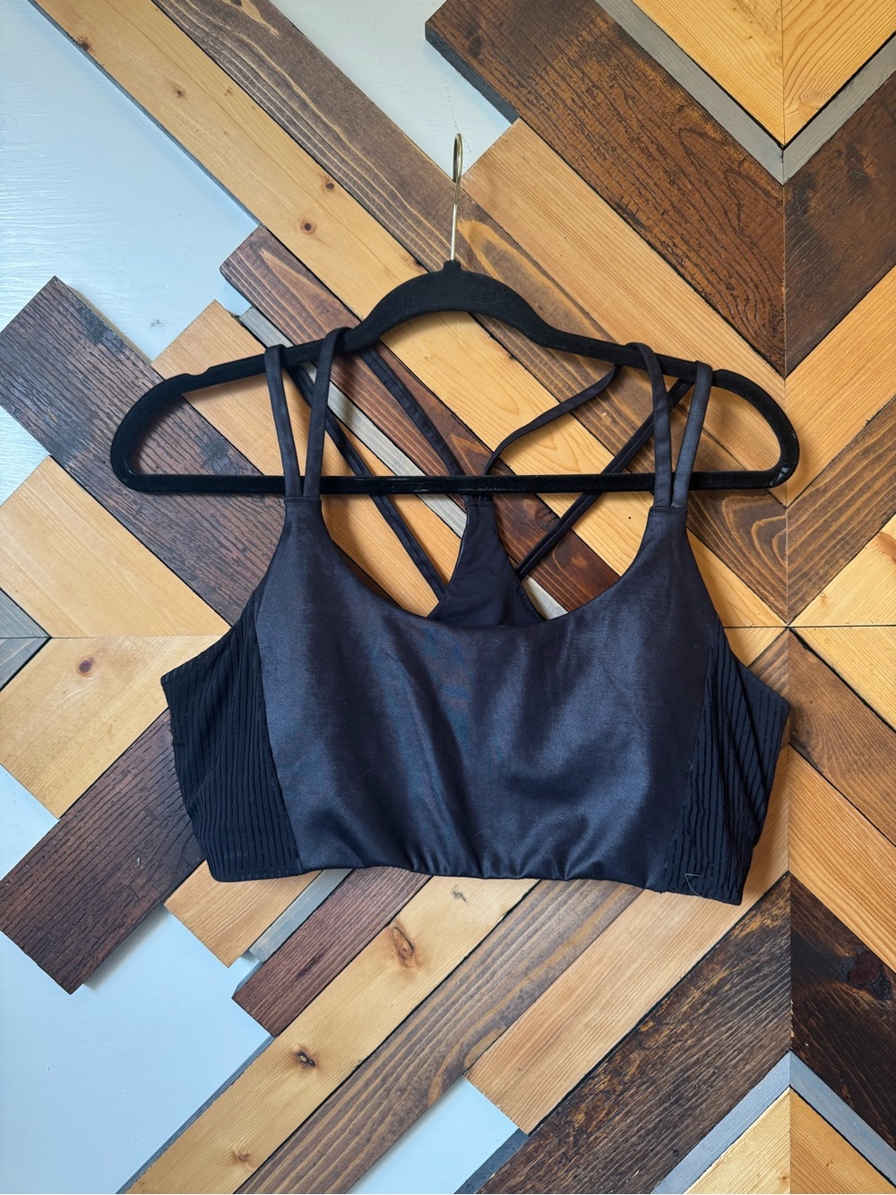 Fabletics Black Satin-Front Strappy Sports Bra